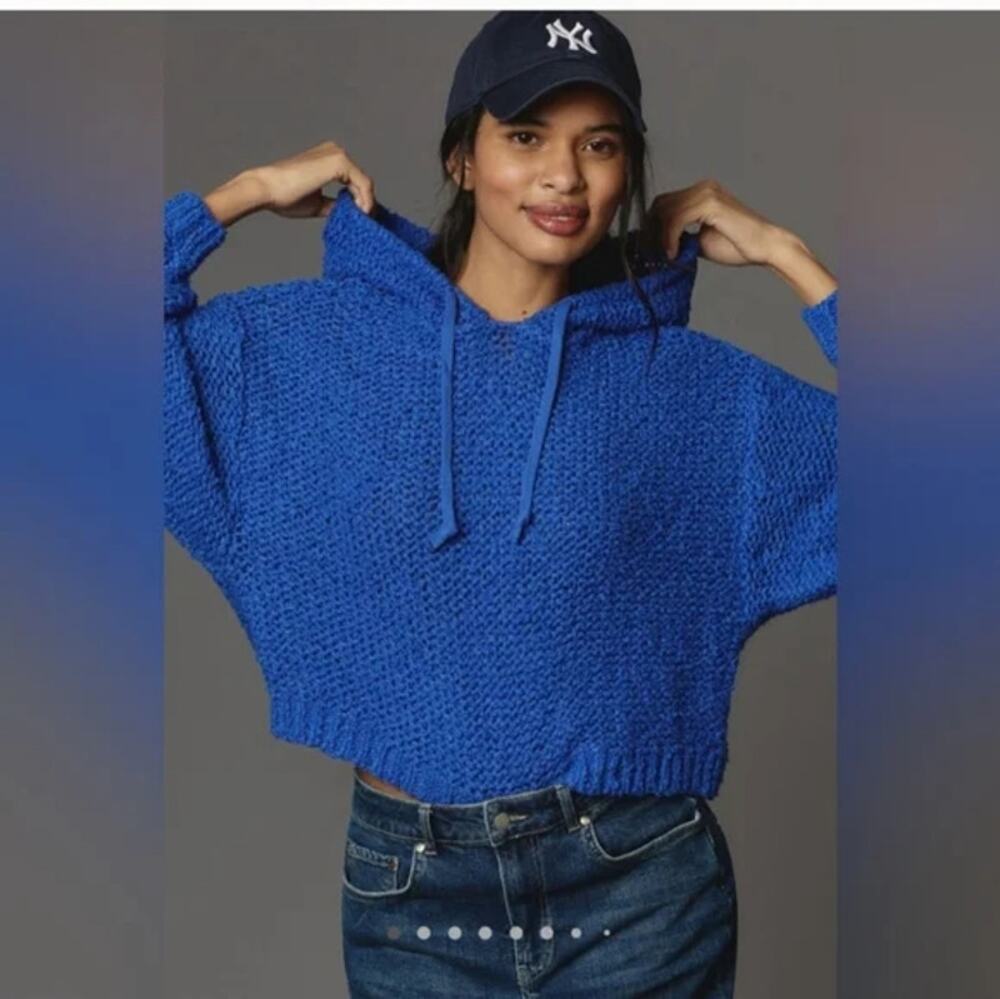 PILCRO Anthropologie Women's SM Blue Sailcloth Open Weave Hooded Sweater